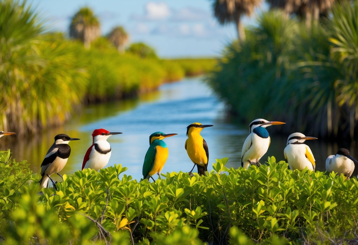 A variety of colorful birds perched among lush greenery in the Florida Everglades, with a tranquil waterway in the background