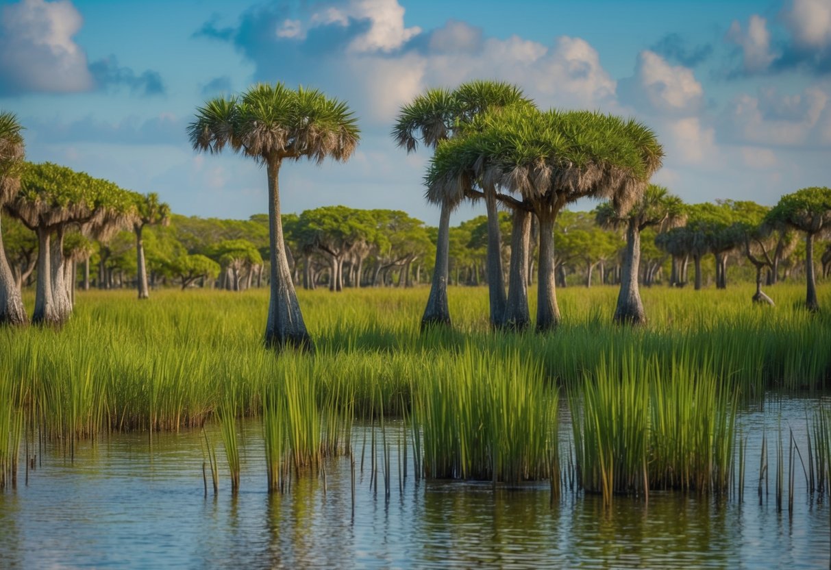 A lush, vibrant wetland teeming with wildlife. Mangroves, sawgrass, and cypress trees fill the landscape, surrounded by water and dotted with animal habitats