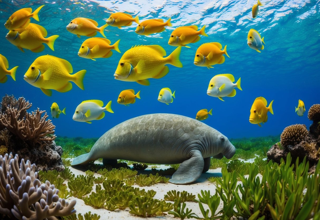 Colorful fish swim among vibrant coral, while a manatee peacefully grazes on seagrass in the Florida Everglades