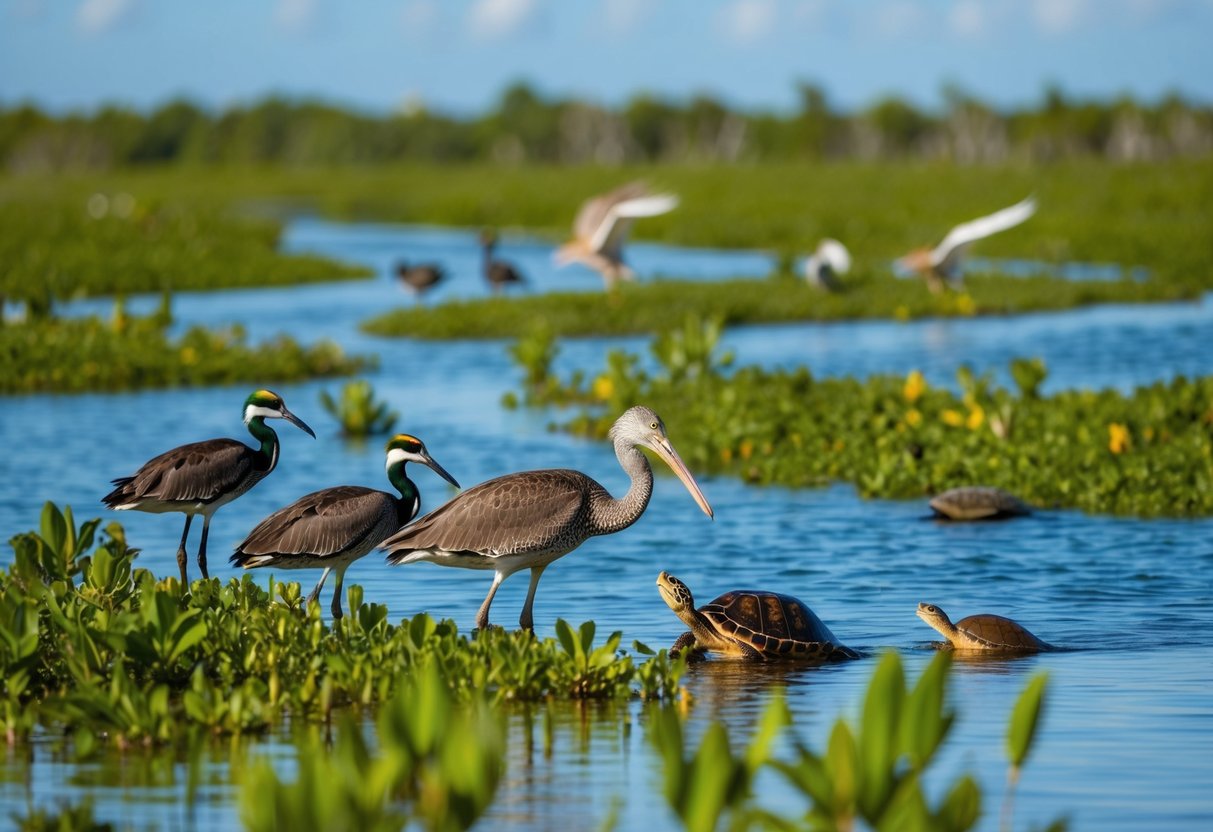 A diverse array of wildlife thrives in the Florida Everglades, including birds, turtles, and fish, all set against the backdrop of lush greenery and winding waterways