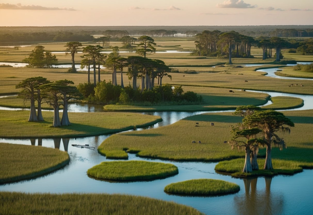 A lush, sprawling wetland with towering cypress trees, winding waterways, and abundant wildlife. The sun casts a warm glow over the expansive landscape