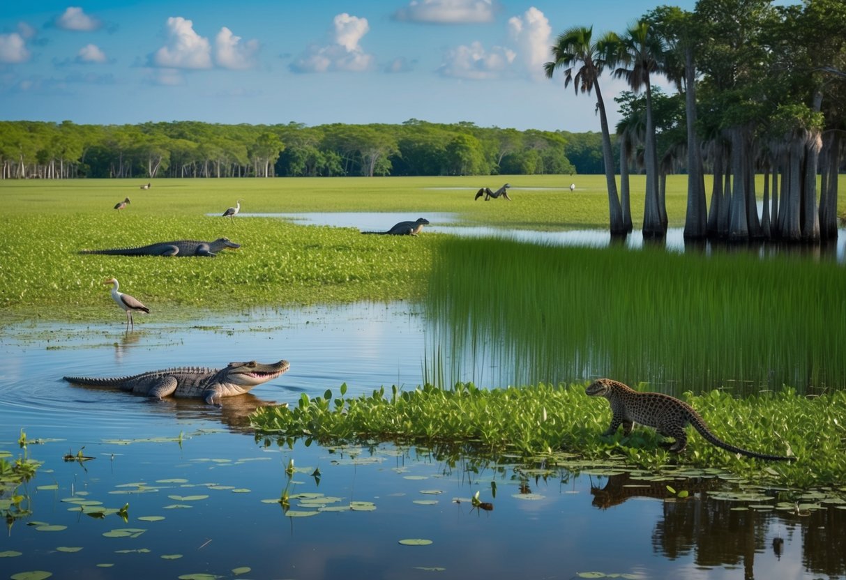 Lush marshland with alligators and birds in Everglades, contrasting with dense cypress forest and panthers in Big Cypress