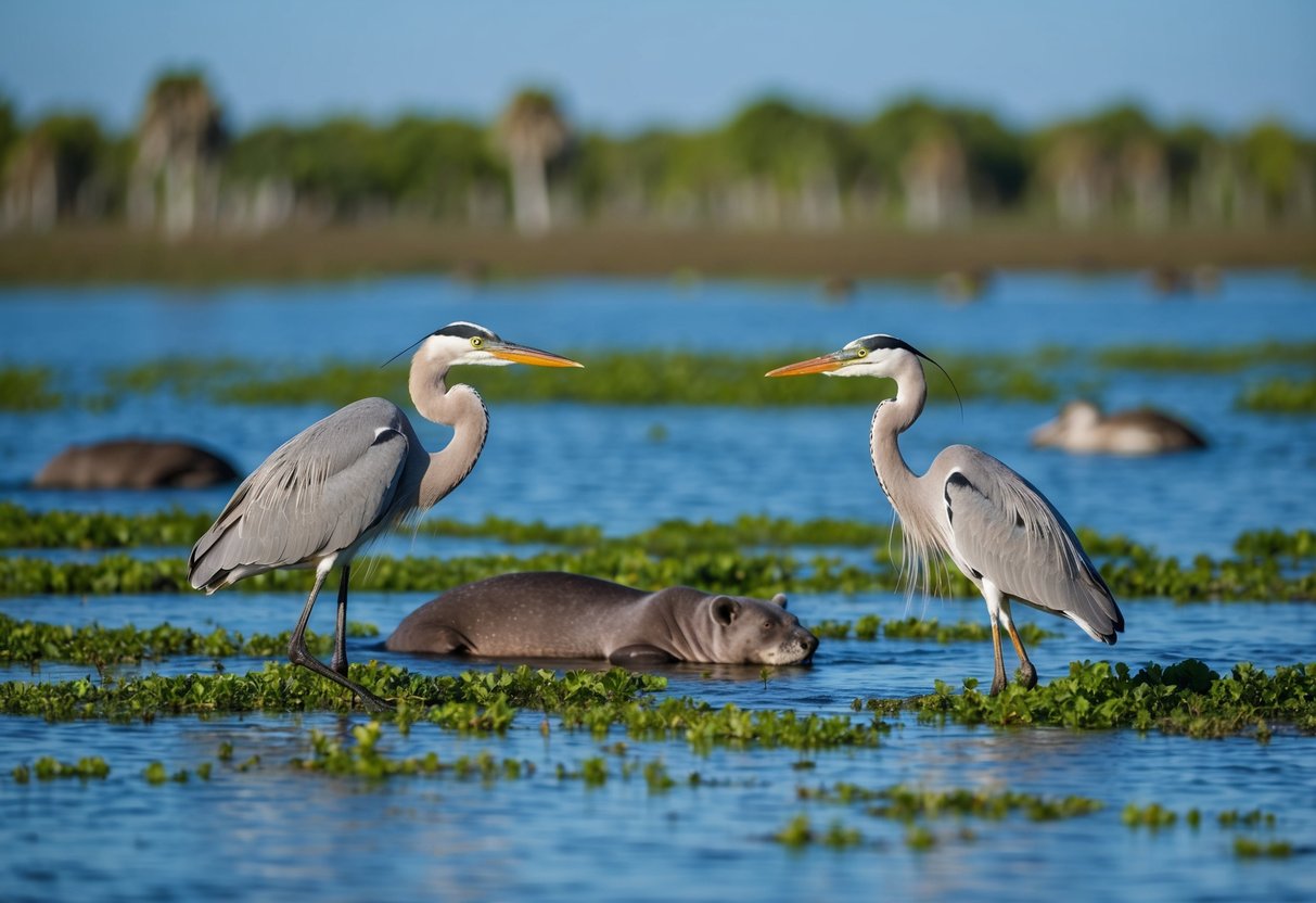 A diverse array of wildlife coexists in the Florida Everglades, including herons, panthers, and manatees. The ecosystem faces challenges but ongoing conservation efforts aim to protect these species