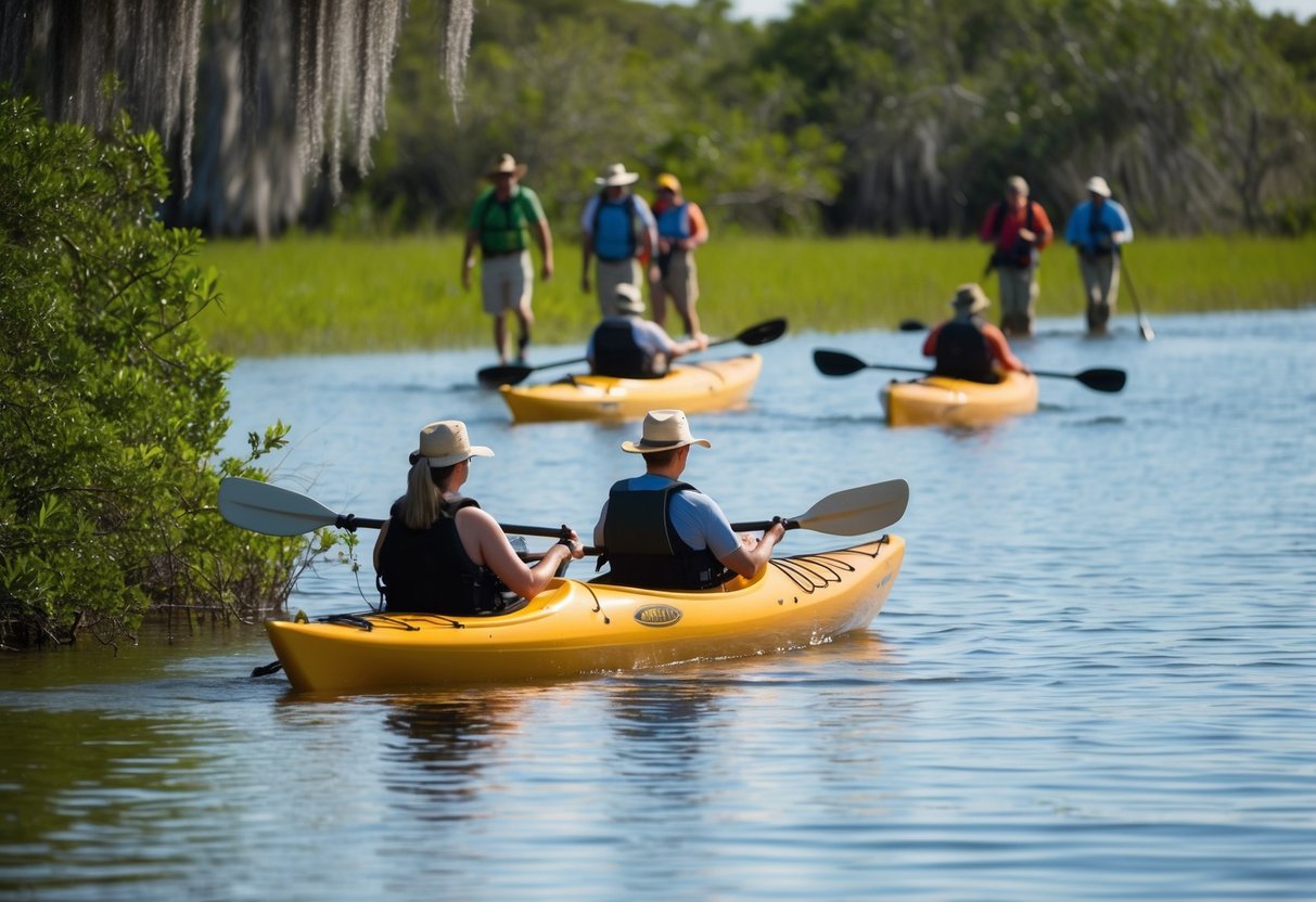 People kayaking in the calm waters of the Everglades, surrounded by lush greenery and wildlife. In the distance, a group of hikers explores the rugged terrain of Big Cypress National Preserve