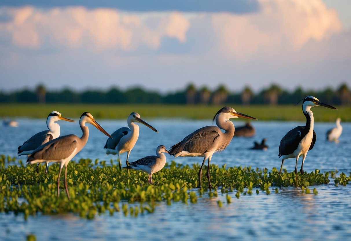 A diverse array of wildlife in the Florida Everglades, including birds, fish, and mammals, coexisting in their natural habitat