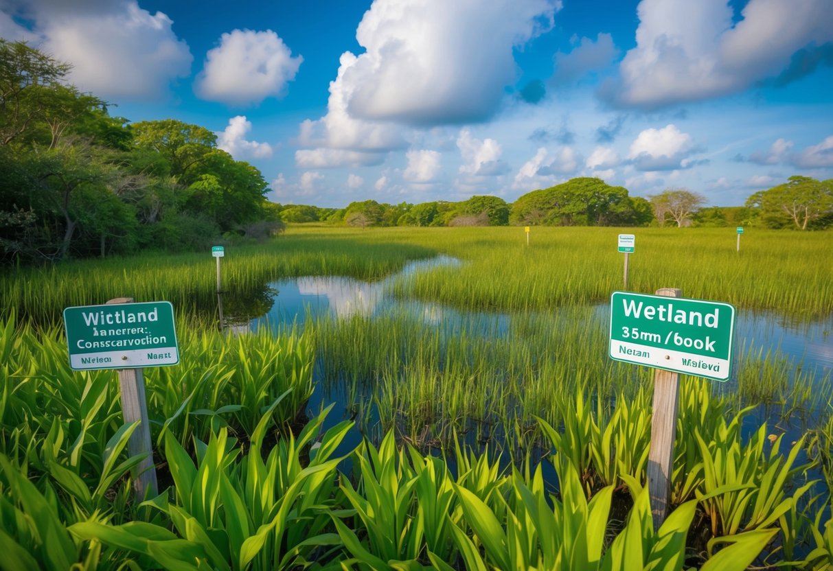 A lush, vibrant wetland teeming with diverse wildlife, surrounded by signs and markers indicating conservation regulations and efforts