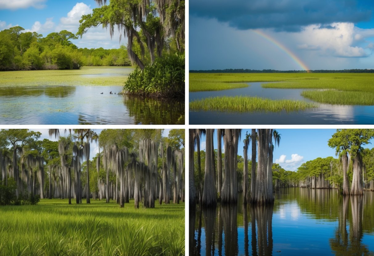 Lush greenery and diverse wildlife in both parks, with Everglades featuring more wetlands and Big Cypress showcasing cypress swamps. Sunny skies and occasional rain showers in both locations