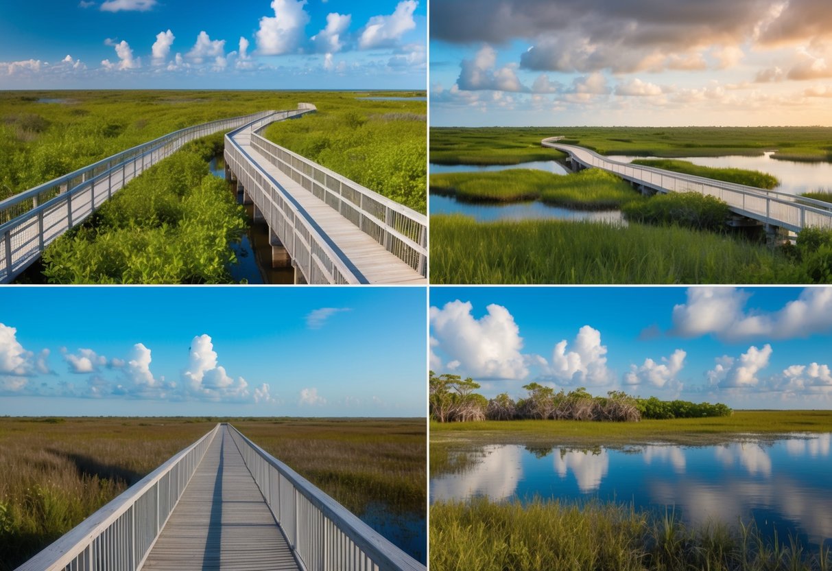 Lush, vibrant landscape with winding boardwalks and accessible facilities in Everglades National Park contrasted with rugged, untamed terrain and limited amenities in Big Cypress National Preserve