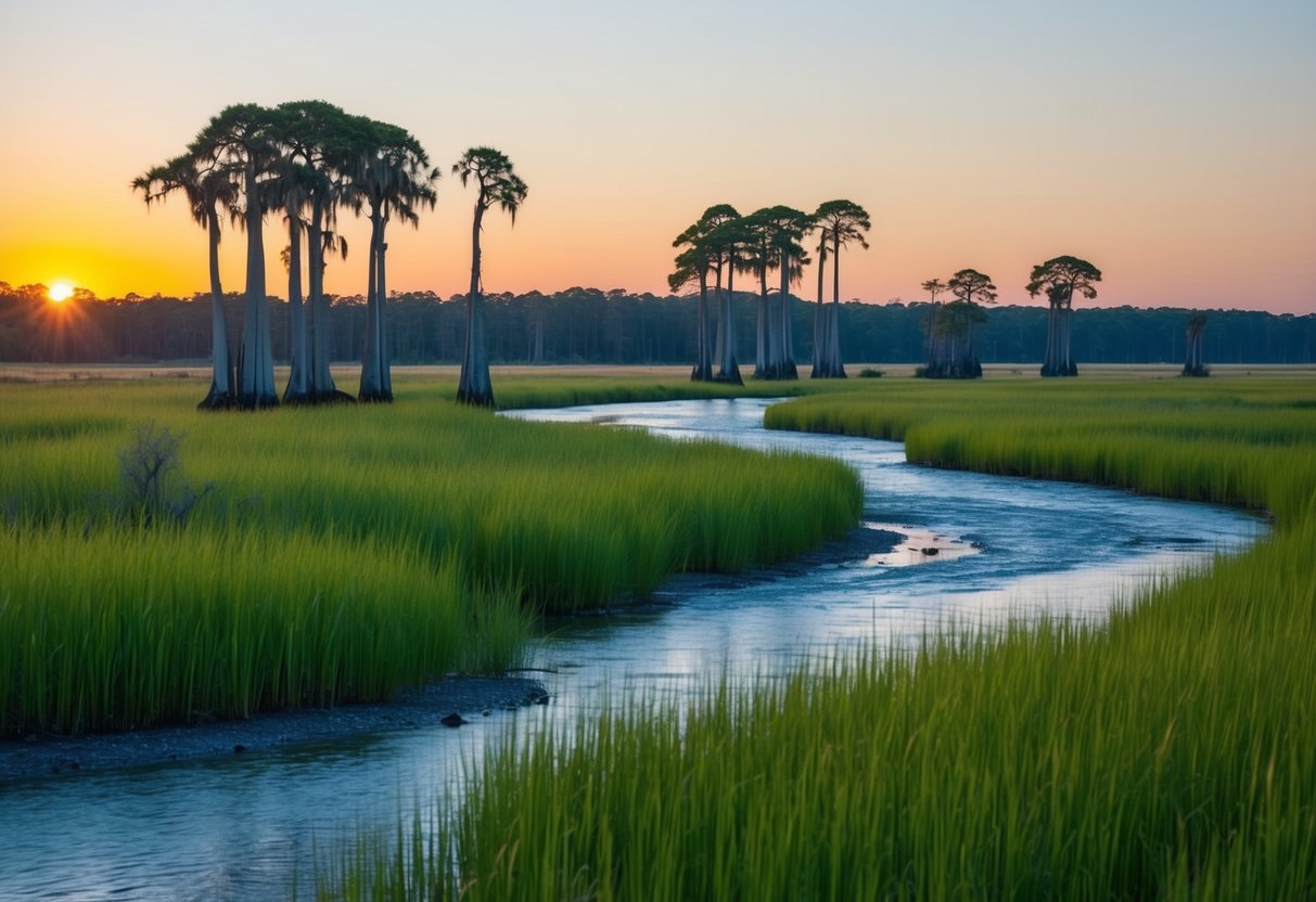 A lush wetland with winding rivers, tall grasses, and diverse wildlife. The sun sets behind the dense cypress trees, casting a warm glow over the landscape