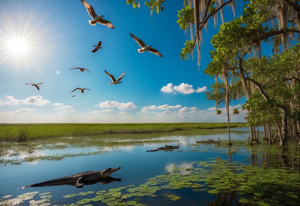 A lush, tangled mangrove forest meets a vast, open prairie under a brilliant blue sky, with alligators basking in the sun and a variety of birds soaring overhead