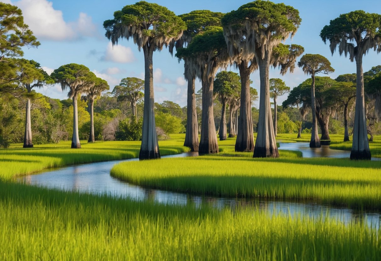 A lush, vibrant wetland with towering cypress trees, winding waterways, and diverse wildlife