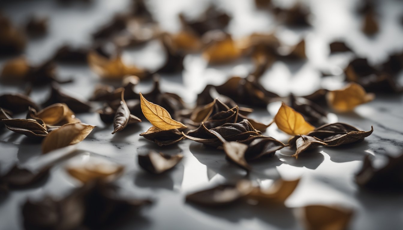 Dark, twisted English Breakfast tea leaves on white marble