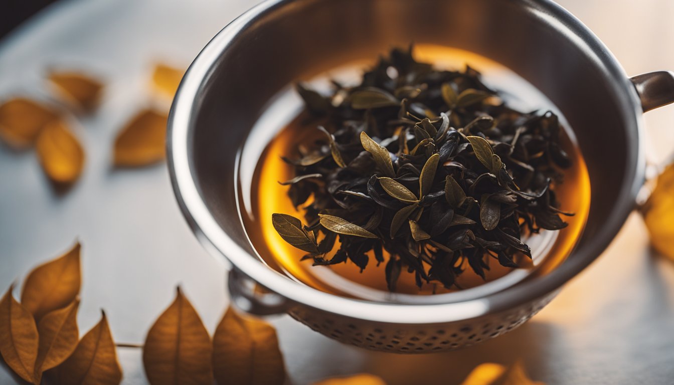 Morning light casts shadows on a vintage silver tea strainer holding black tea leaves over a deep amber cup of brewed tea