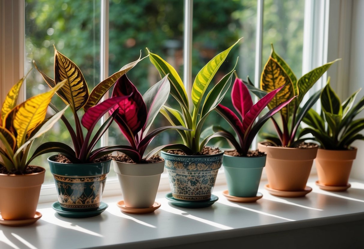 A collection of Calatheas in various vibrant colors and patterns, nestled in decorative pots on a sunlit windowsill