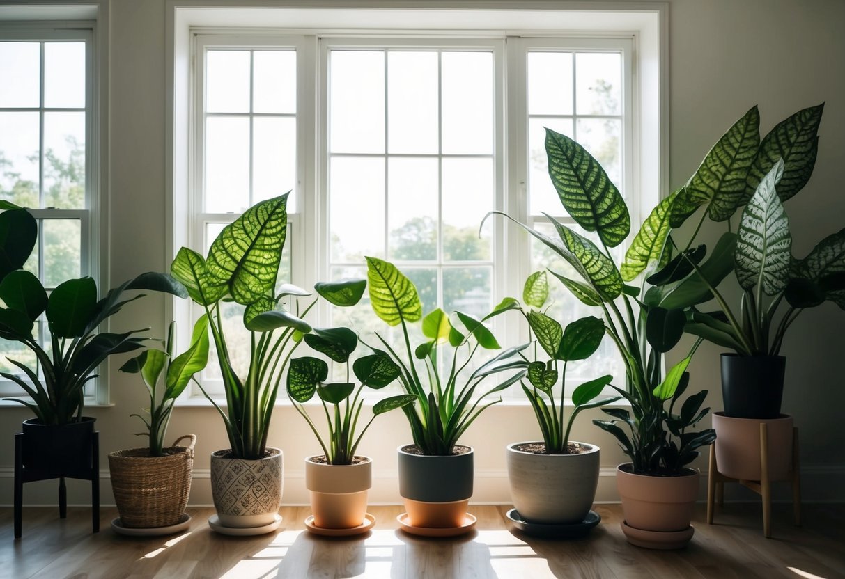 A cozy living room with a large window, filled with various Calathea plants in unique pots. Sunlight streaming in, highlighting the intricate patterns on the leaves