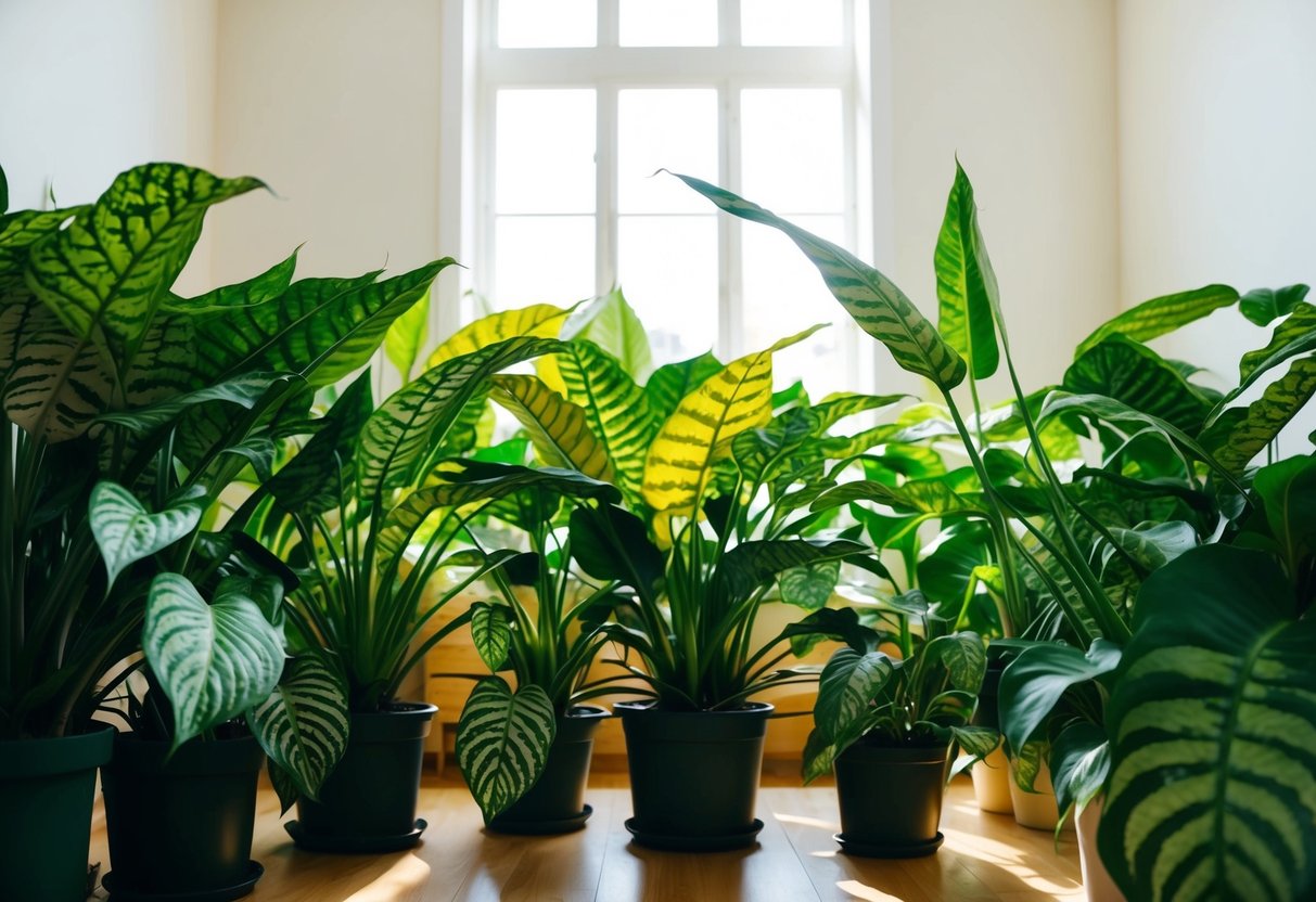 Lush, vibrant Calathea plants fill a sunlit room, their patterned leaves unfurling and reaching towards the light