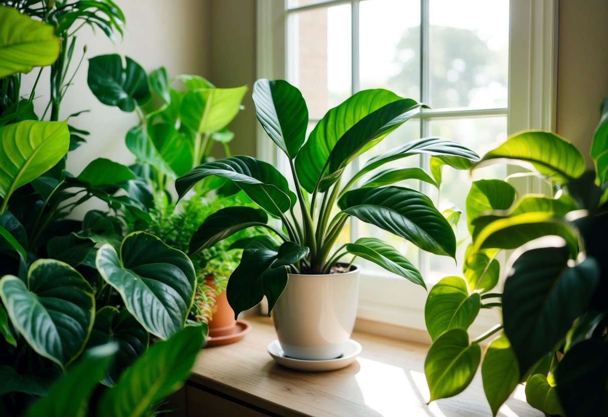 A lush, vibrant Calathea plant sits in a cozy living room corner, surrounded by other lush greenery. The sunlight filters through the window, casting a soft glow on the intricate patterns of the Calathea's leaves