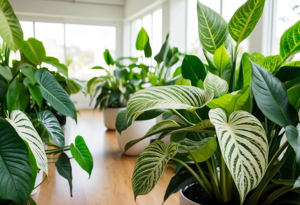 Lush, variegated Calatheas fill a bright, airy room with their vibrant foliage and intricate patterns, creating a serene and visually stunning indoor oasis