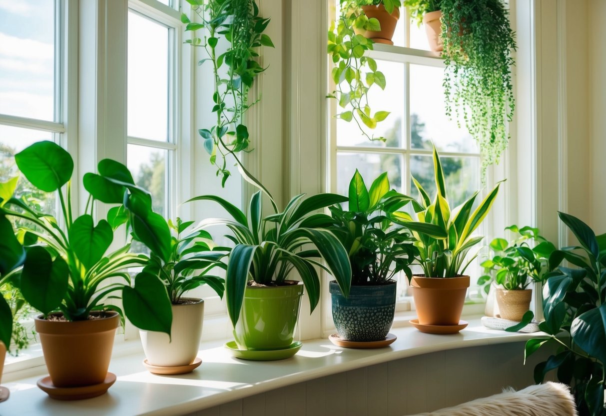 Lush green indoor plants adorn a bright, cozy room in Ireland, with sunlight streaming in through the windows