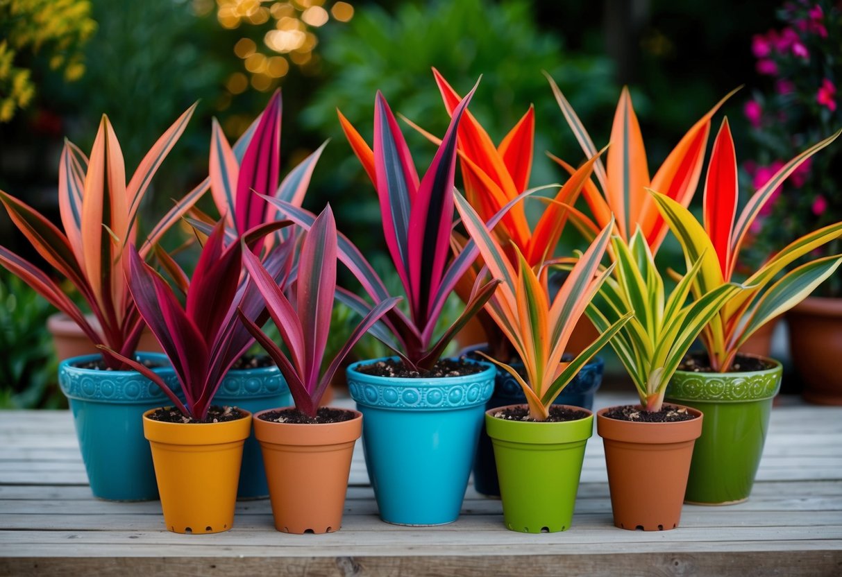 A collection of vibrant Calathea variants arranged in decorative pots