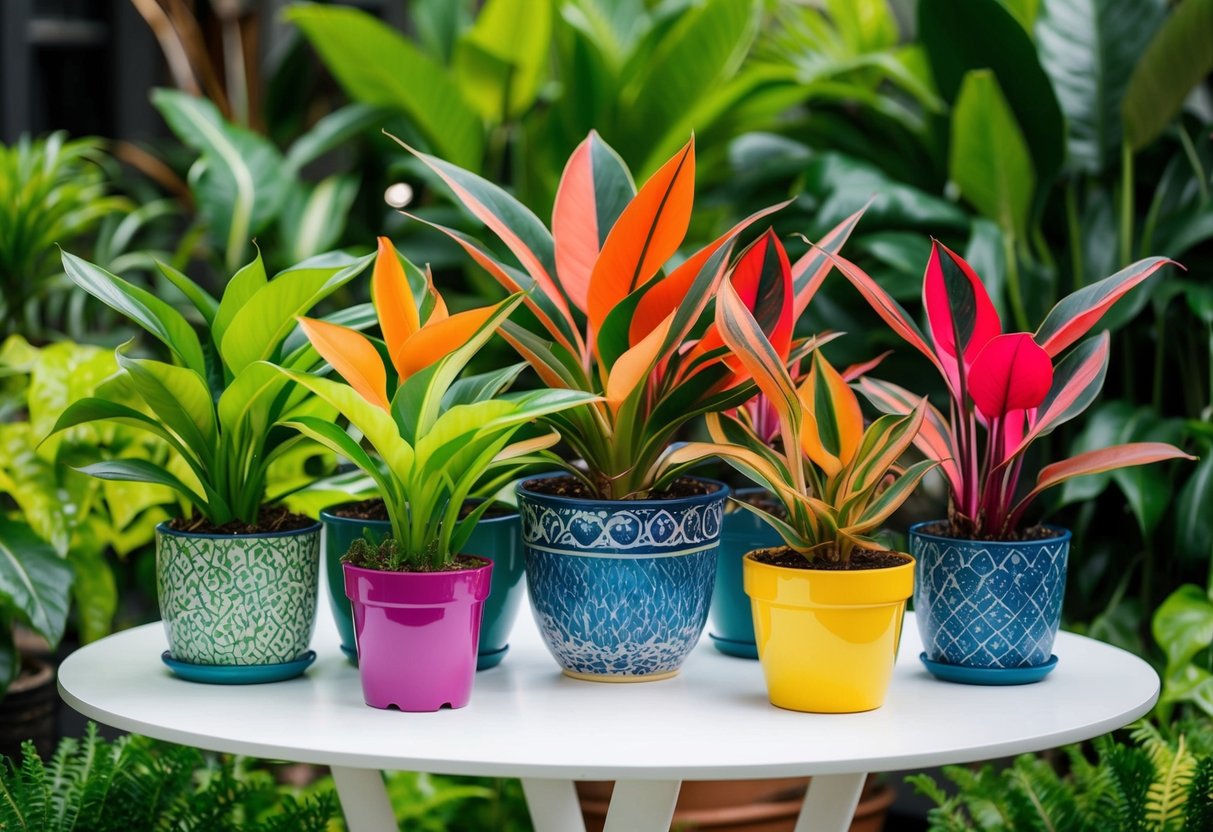 A collection of vibrant Calathea houseplants arranged on a table, surrounded by lush greenery and potted in decorative containers