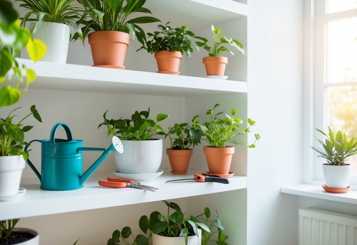 A bright, airy room with shelves holding various potted plants. A watering can and pruning shears sit nearby. Sunlight streams in through a nearby window