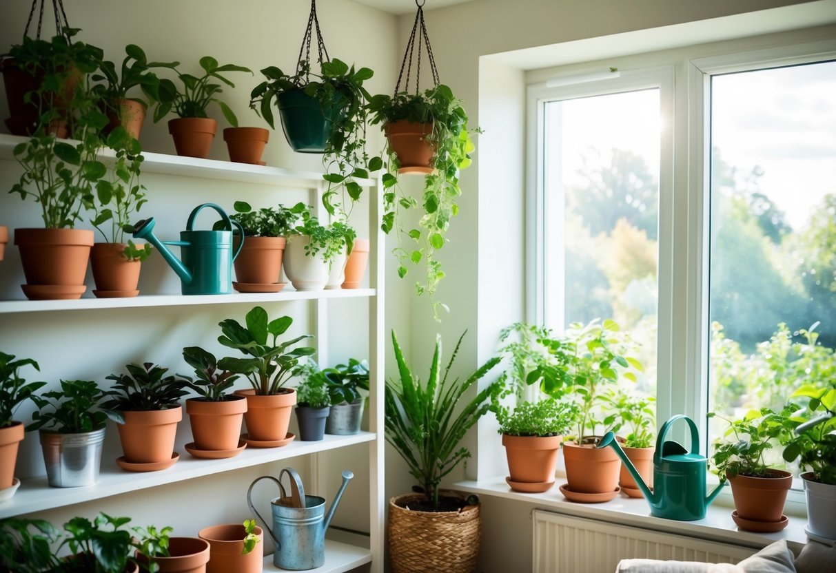 A cozy living room with shelves of potted plants, hanging planters, watering cans, and gardening tools. Sunlight filters through the window onto the lush greenery