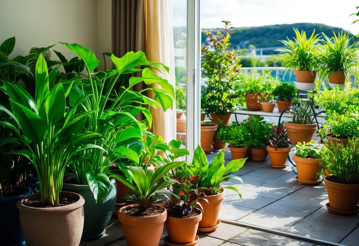 Lush green indoor plants thriving in a sunlit room, while outside, a variety of potted plants flourish on a patio in Ireland