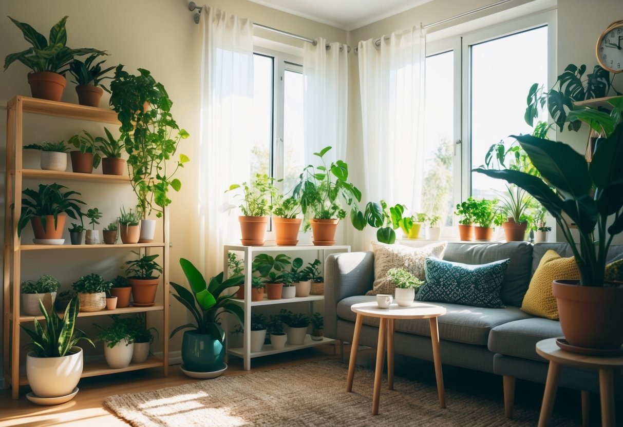 A cozy living room with various potted plants on shelves and tables. Sunlight streams in through the window, illuminating the greenery