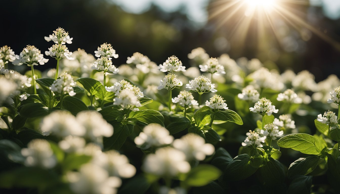 Morning sun backlights white basil flowers, revealing delicate structure and tiny stamens on a dark background