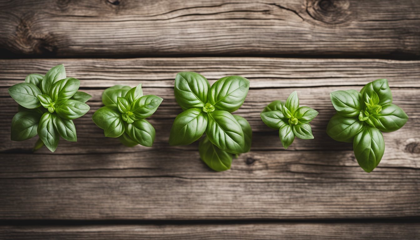 Multiple basil flower spikes in different stages of blooming on weathered wood