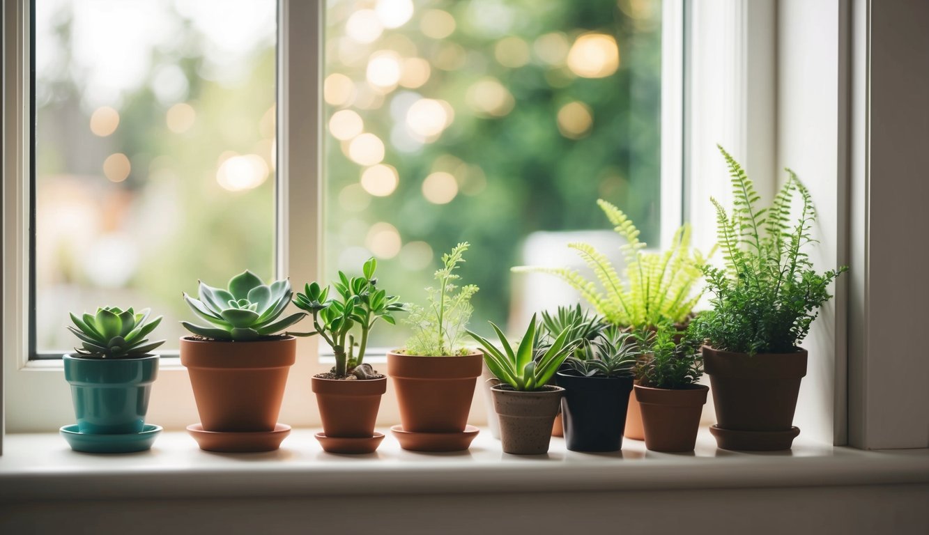 A cozy window sill with a variety of small potted plants, including succulents, ferns, and herbs, bathed in soft natural light