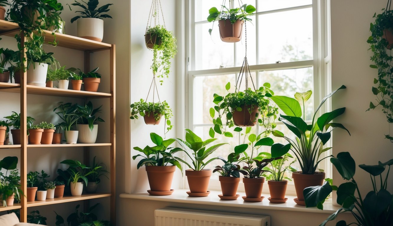 A cozy living room with shelves of small potted plants, hanging planters, and a variety of indoor greenery. Sunlight streams in through the window, illuminating the vibrant foliage