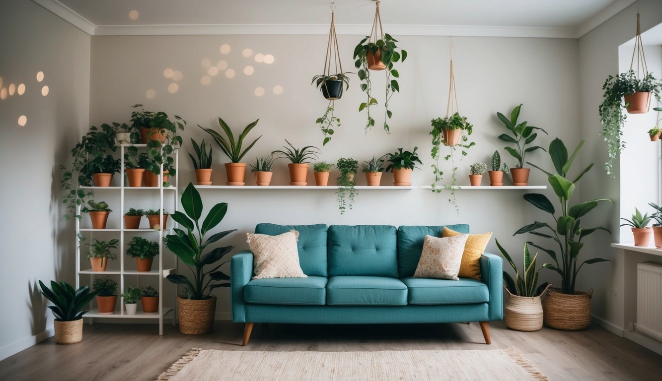 A cozy living room with limited space, featuring a variety of small potted plants arranged on shelves and hanging from the ceiling