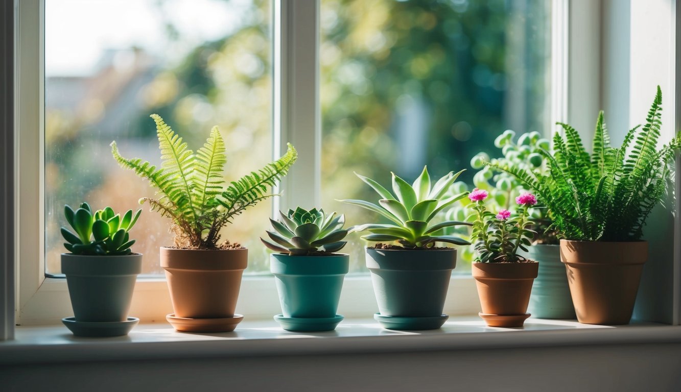 A cozy window sill with a variety of potted indoor plants, including succulents, ferns, and small flowering plants, receiving gentle sunlight