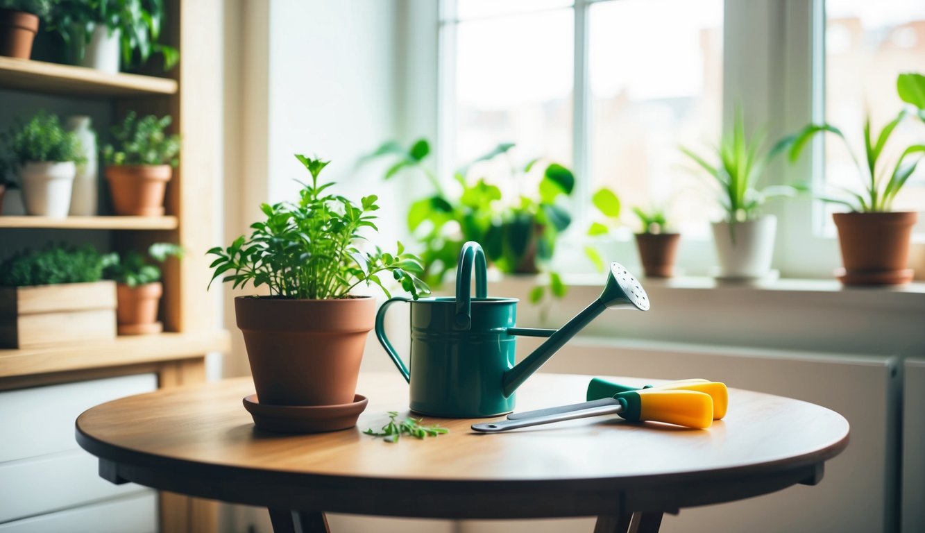 A small table with potted plants, watering can, and gardening tools in a cozy indoor space with natural light