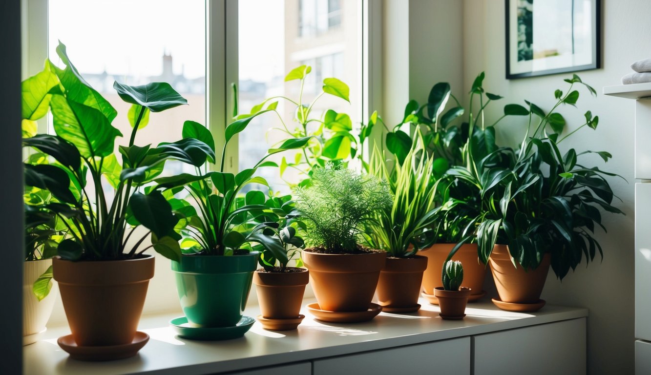 Lush green plants in various pots fill a cozy, sunlit apartment corner, adding life and color to the small space