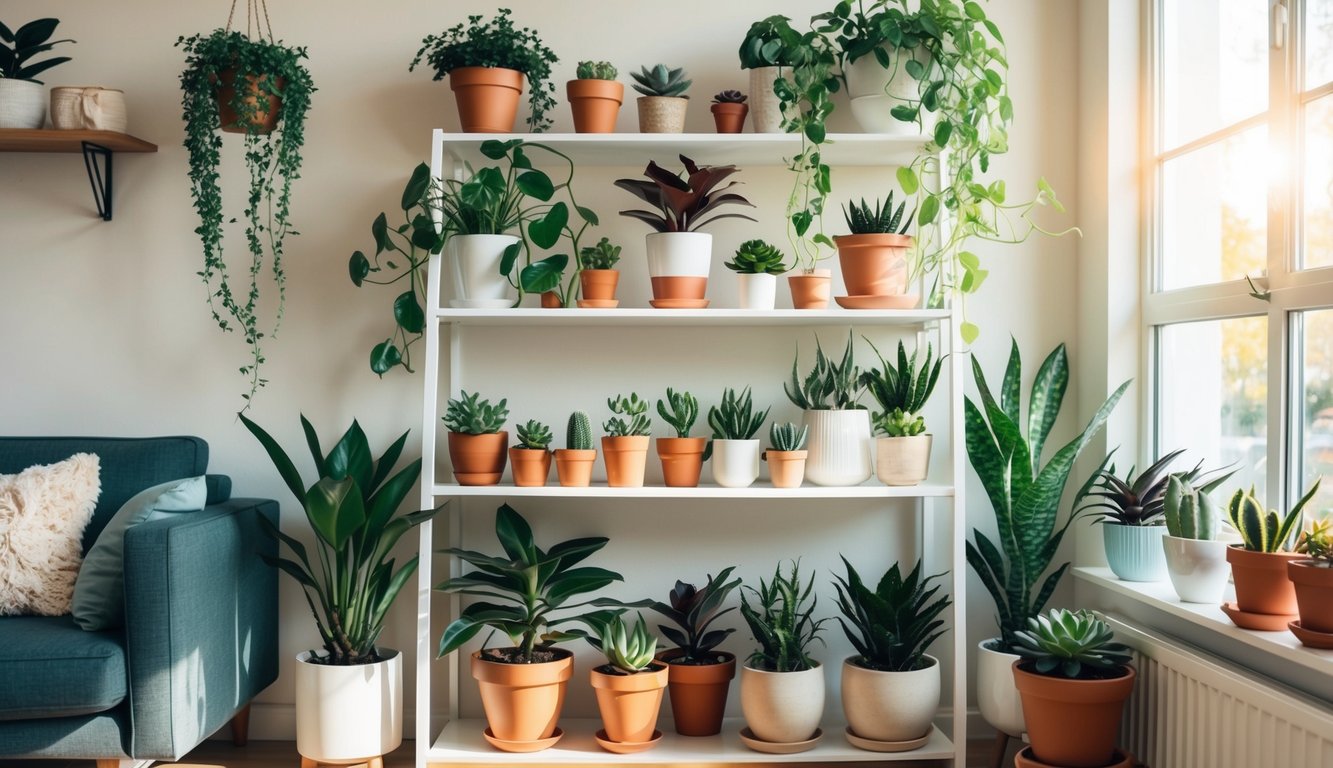 A cozy living room with shelves filled with various potted plants, hanging planters, and succulents. Sunlight streams in through the window, illuminating the greenery