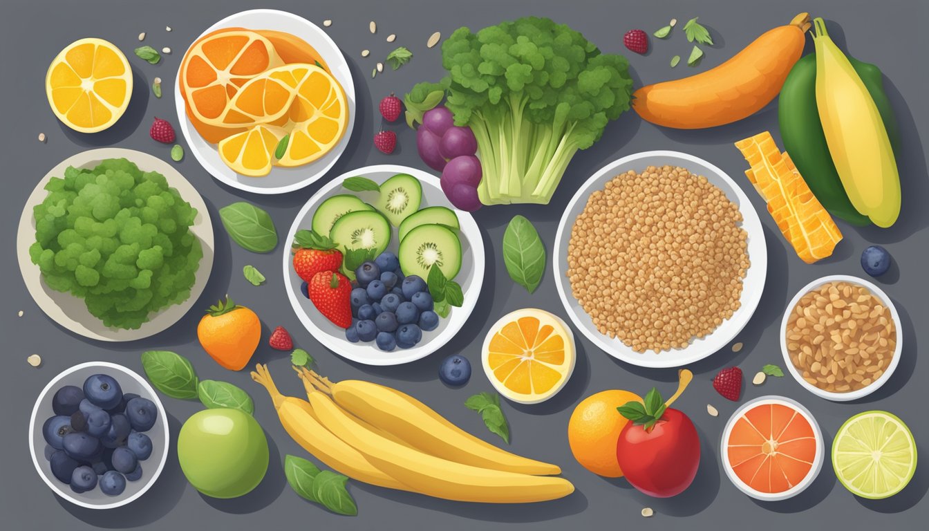 A colorful array of fresh fruits, vegetables, whole grains, and lean proteins arranged on a table, with a measuring cup and portioned meal plates nearby