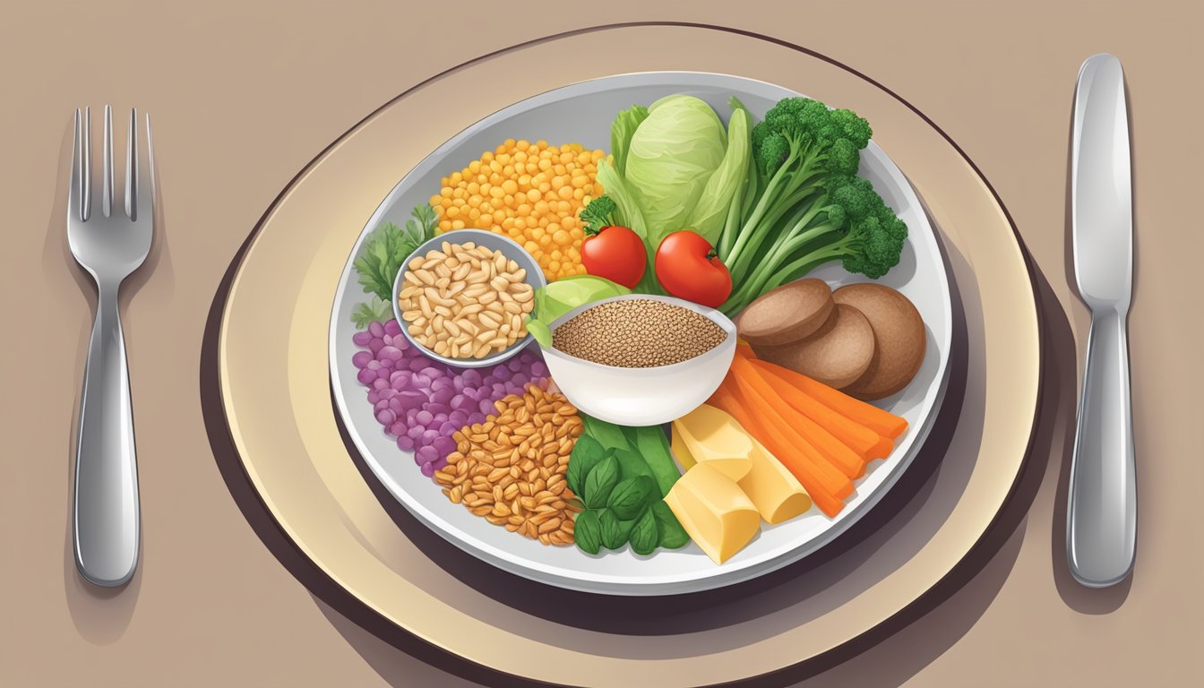 A colorful plate with balanced portions of lean protein, non-starchy vegetables, whole grains, and healthy fats