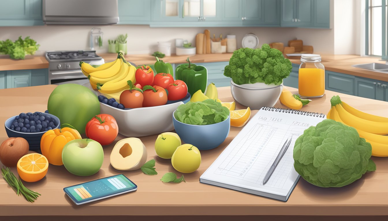 A kitchen counter with a variety of fresh fruits, vegetables, lean proteins, and whole grains laid out for meal planning. A measuring scale and a notebook with meal plans are also visible