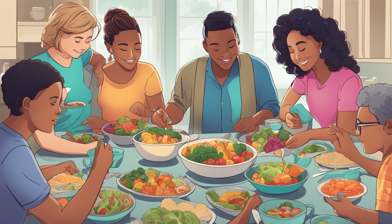 A group of friends gather around a table filled with colorful, healthy dishes. A diabetic individual carefully selects portion sizes and checks their blood sugar levels before joining in the lively conversation