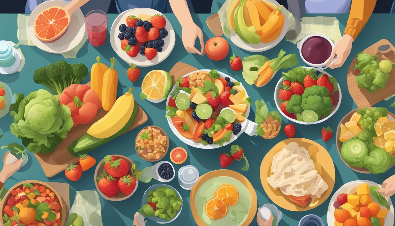 A table spread with colorful fruits, vegetables, and lean proteins, surrounded by friends enjoying a meal together