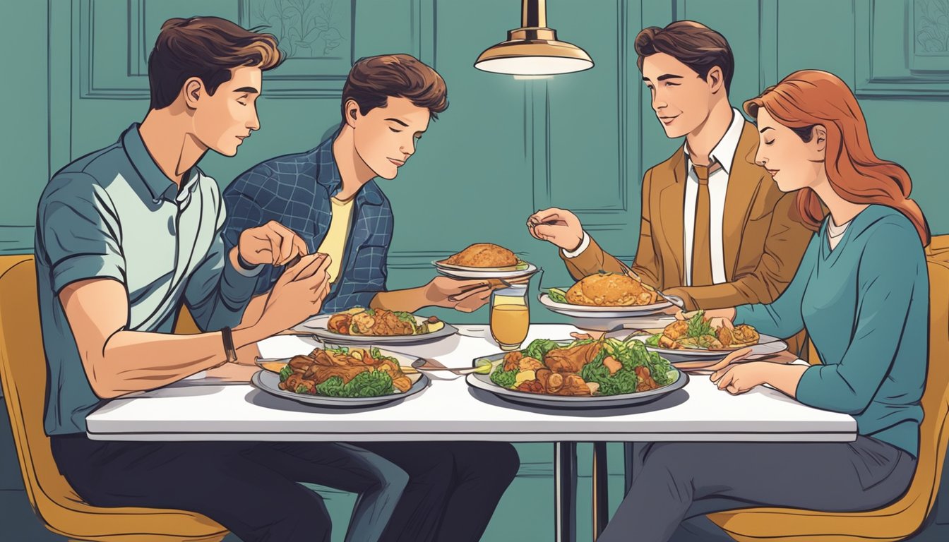 A group of friends at a restaurant, one person carefully choosing their meal while others pressure them to indulge