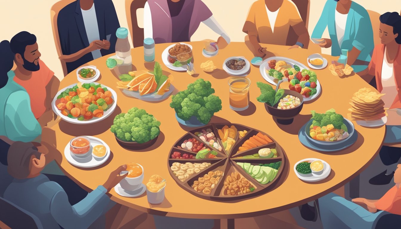 A table with a variety of healthy snacks and drinks, surrounded by people socializing