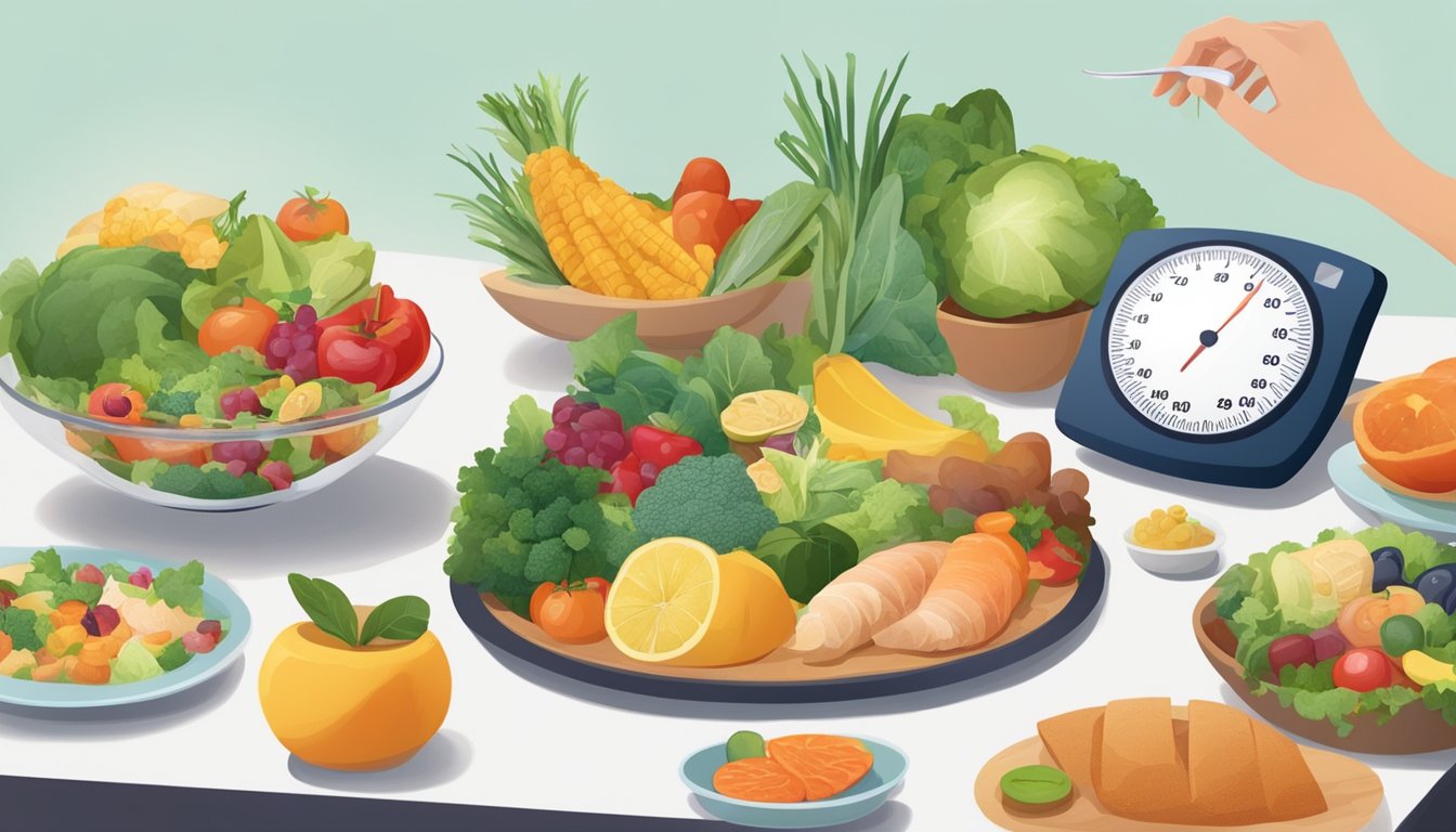 A table set with a variety of healthy foods, a person with diabetes navigating social eating, and a weight scale in the background