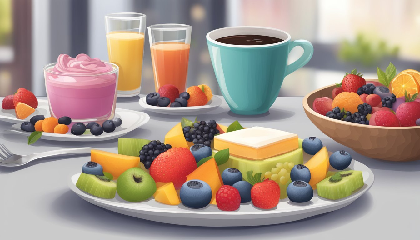 A table set with a variety of colorful, healthy foods alongside a small portion of indulgent dessert, with a diabetic-friendly label