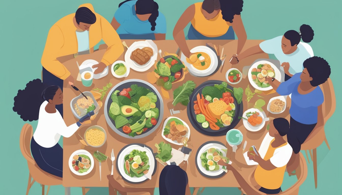 A group of people gather around a table, enjoying a variety of healthy, diabetic-friendly foods. A fitness tracker and meal planning tools are visible nearby