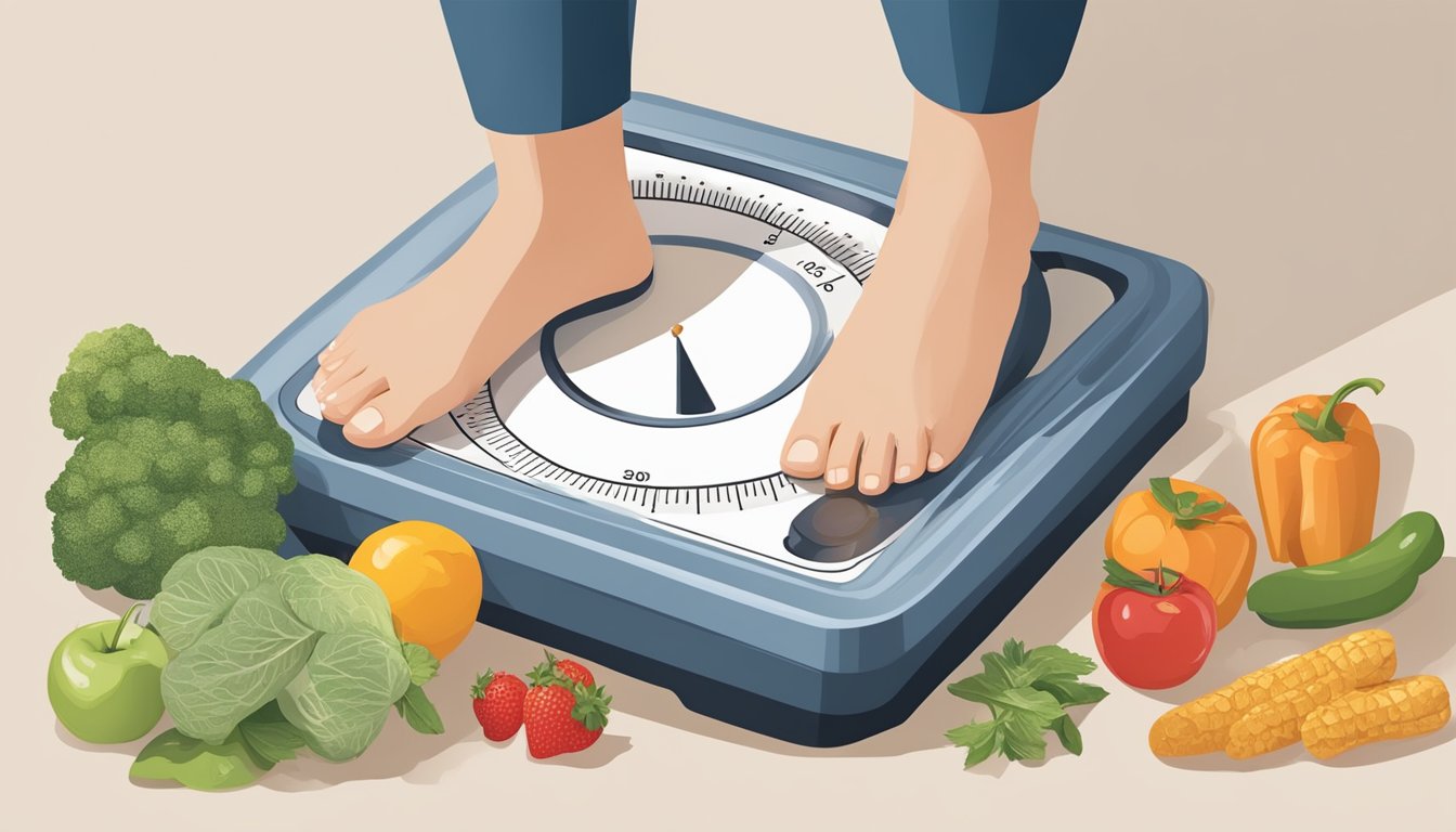 A person stepping on a scale with a concerned look, surrounded by healthy food, exercise equipment, and medical charts