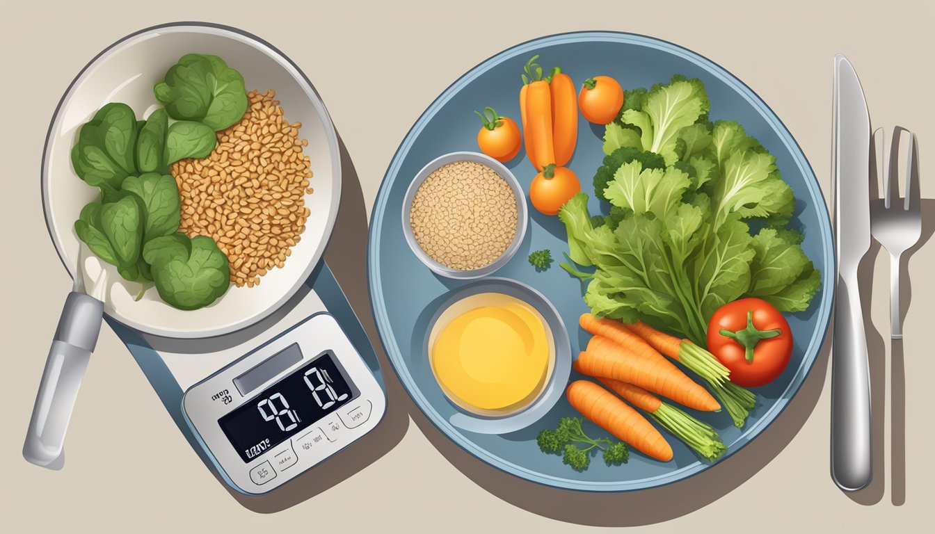 A plate with balanced portions of vegetables, lean protein, and whole grains, alongside a measuring cup and food scale